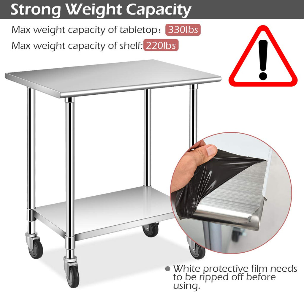 36 × 24 Inches Stainless Steel Work Prep Table with 4 Caster Wheels and Adjustable Lower Galvanized Shelf C8132