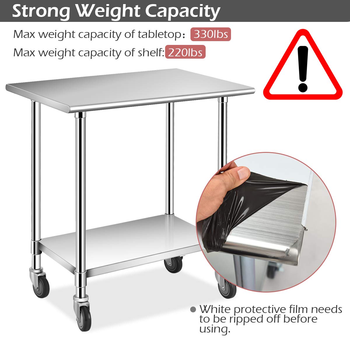 36 × 24 Inches Stainless Steel Work Prep Table with 4 Caster Wheels and Adjustable Lower Galvanized Shelf C8132