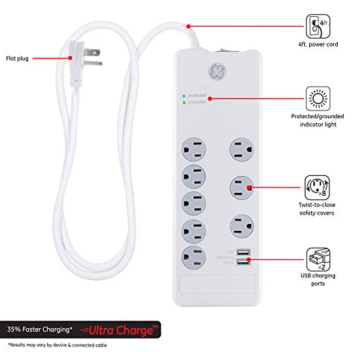 White 7-Outlet Surge Protector with 2 USB Ports C19199
