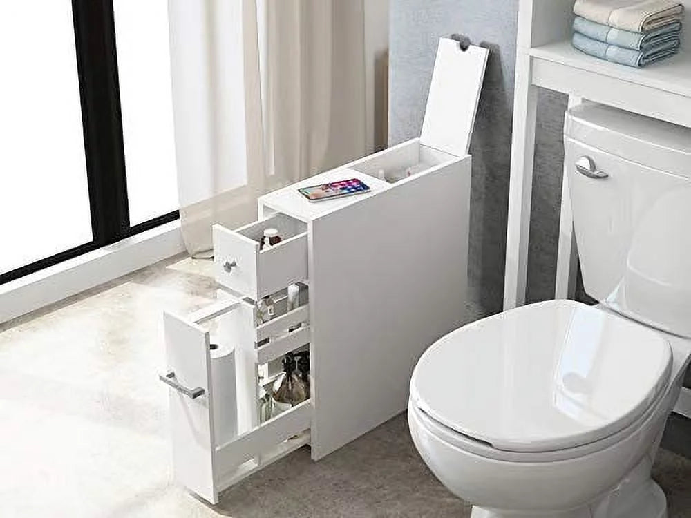White Slim Bathroom Storage Cabinet with Toilet Paper Holder and Slide Out Drawer W556