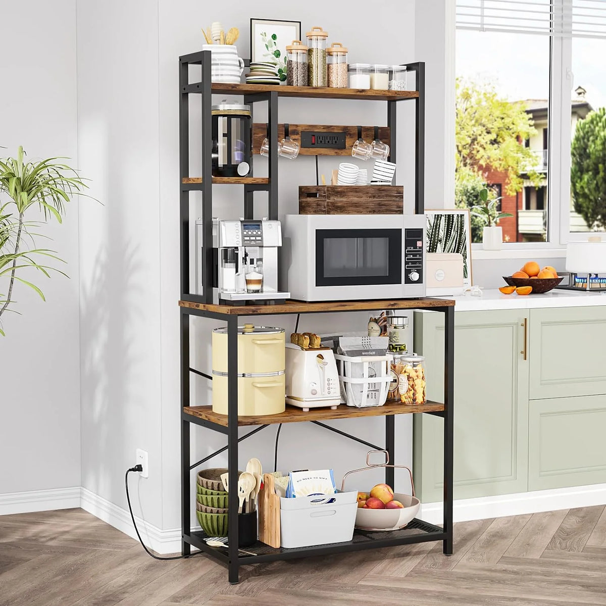 5-Tier Metal Bakers Rack with Power Outlet, Rustic Brown Q9759