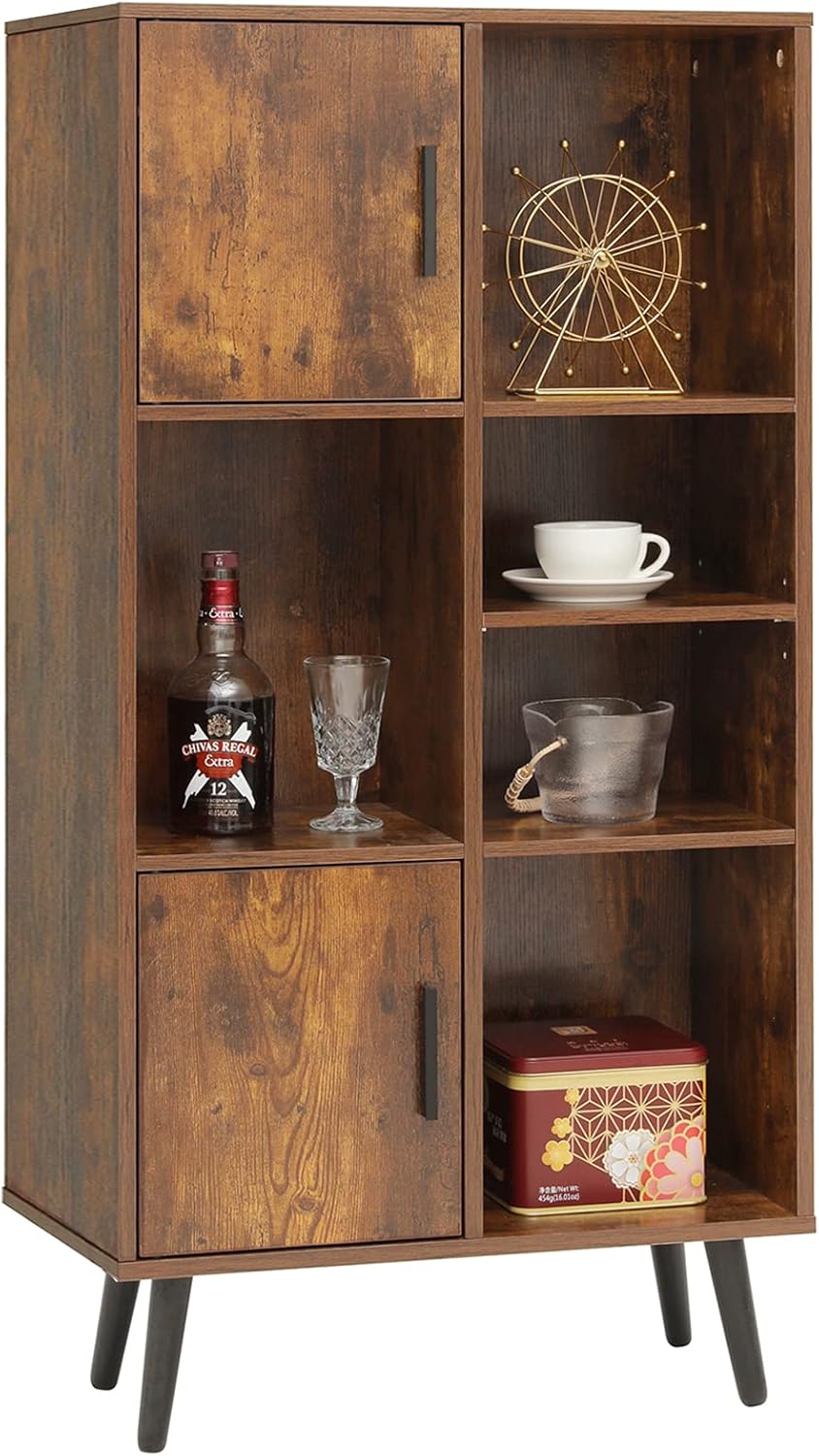 Large Storage Cabinet with 2 Doors, 5 Open Shelves, Adjustable Shelf, Rustic Brown U597