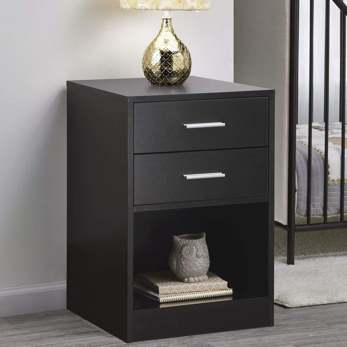Black Double Drawer Nightstand with Shelf K24728