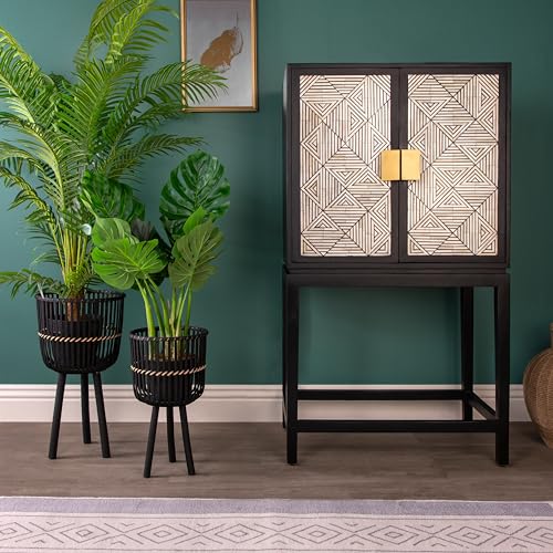 Set of 2 Bamboo Wood Planters on Stands, Brown/Black E8417