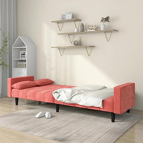 Pink Velvet 2-Seater Sofa Bed with Two Pillows E930