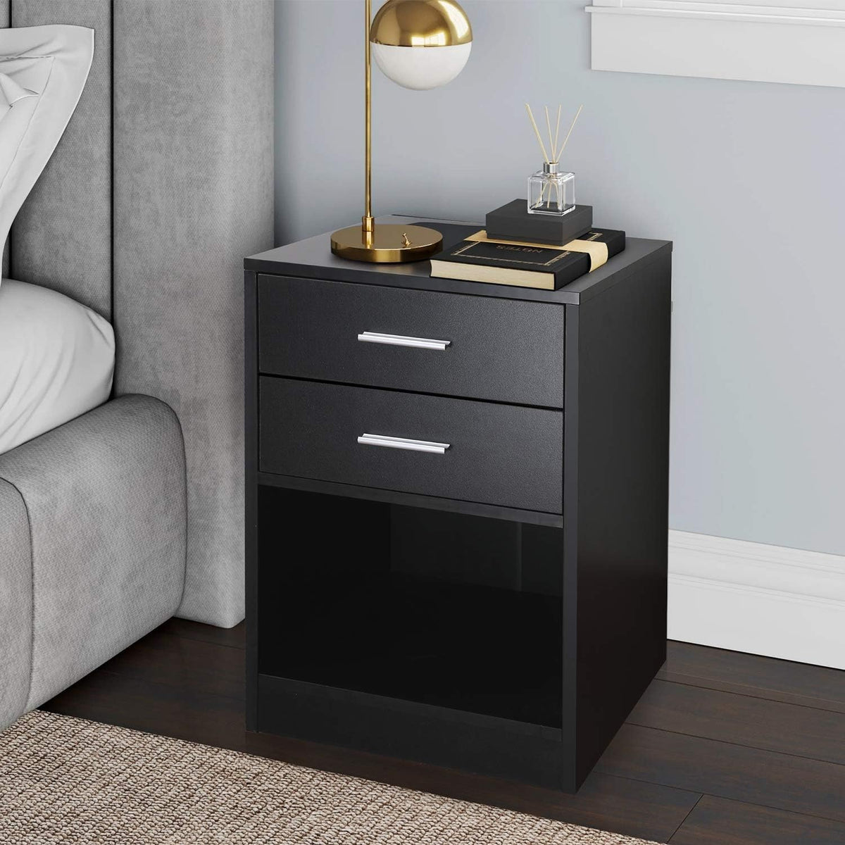 Black Double Drawer Nightstand with Shelf K24728