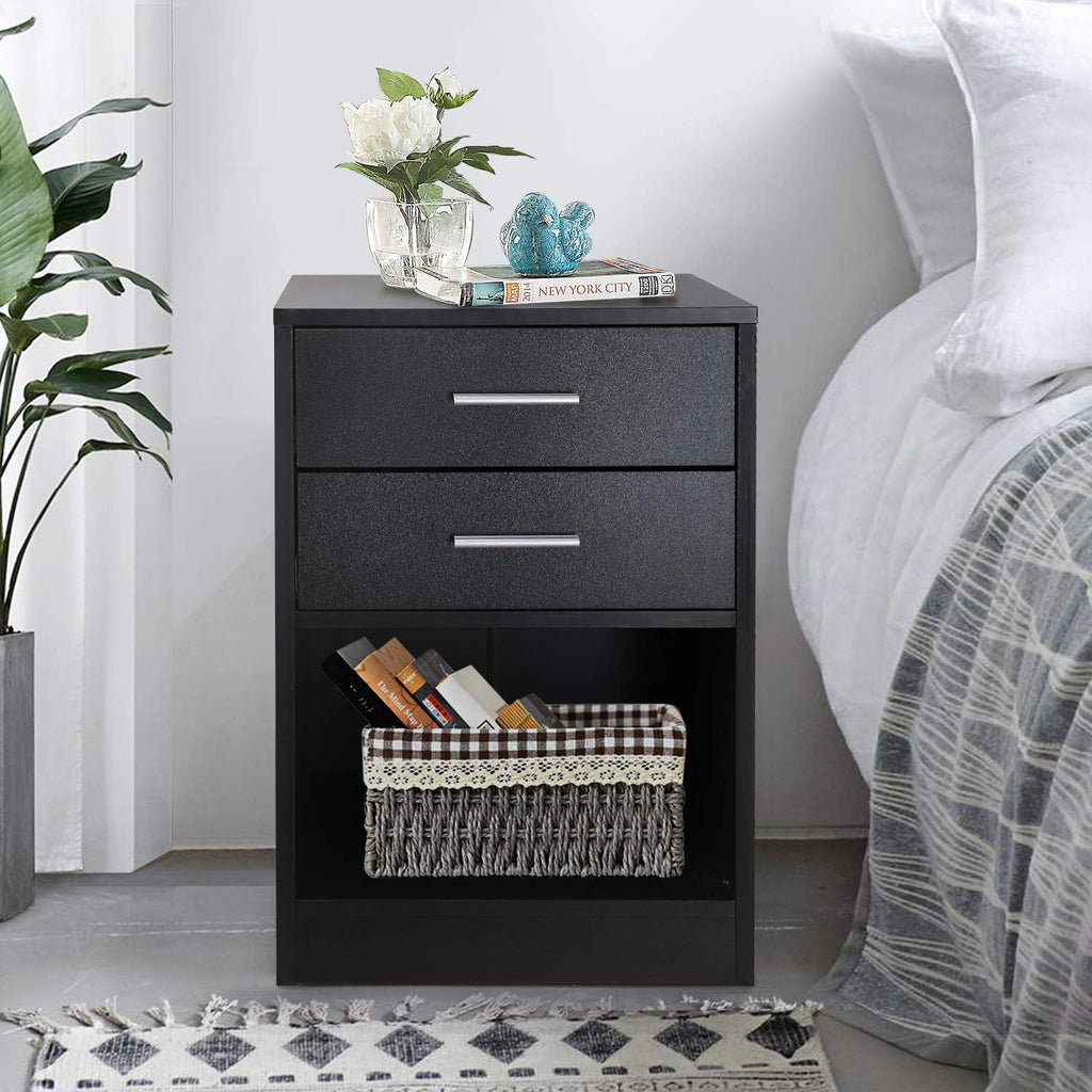 Black Double Drawer Nightstand with Shelf K24728