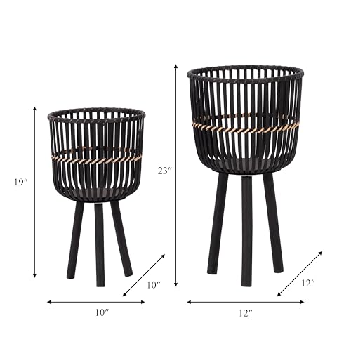 Set of 2 Bamboo Wood Planters on Stands, Brown/Black E8417