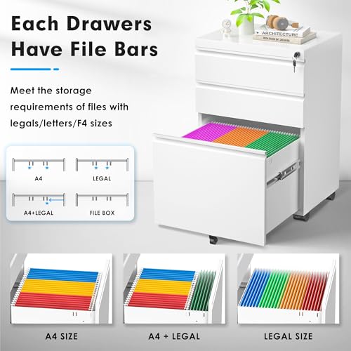 3 Drawer Black Mobile File Cabinet with Lock M456