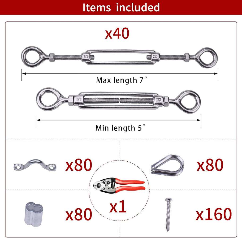 40Set 1/8 Cable Railing Kit Hardware Heavy Duty Turnbuckle M5 Eye to Eye Stainless Steel Angle Adjustable T20404