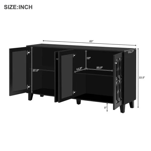 Black 4-Door Mirror Hollow-Carved Buffet Cabinet with Adjustable Shelves Y802