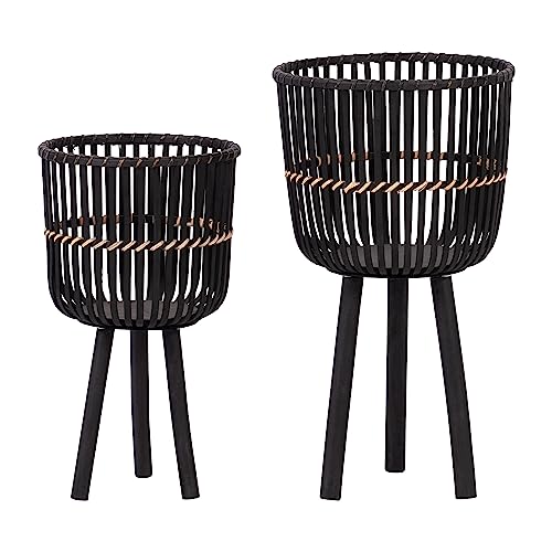 Set of 2 Bamboo Wood Planters on Stands, Brown/Black E8417