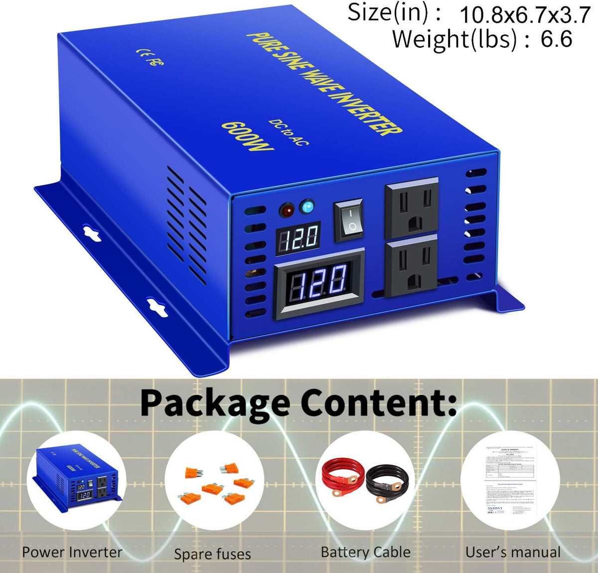 600W Pure Sine Wave Inverter 12v to 110v 120v dc to ac Dual US Plug U281