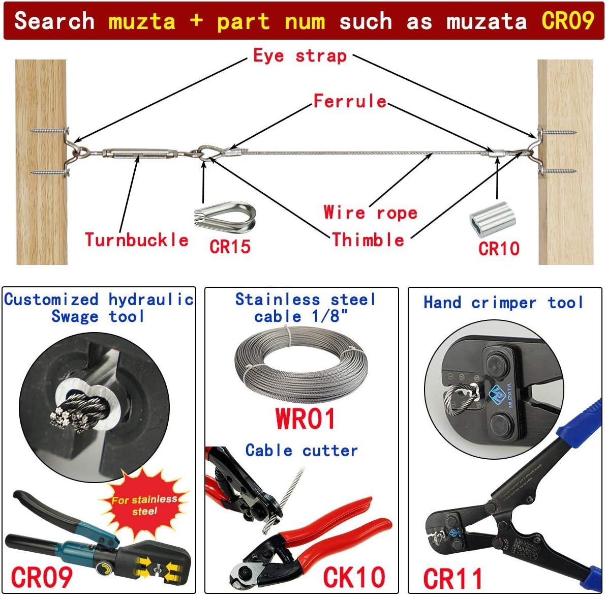 40Set 1/8 Cable Railing Kit Hardware Heavy Duty Turnbuckle M5 Eye to Eye Stainless Steel Angle Adjustable T20404