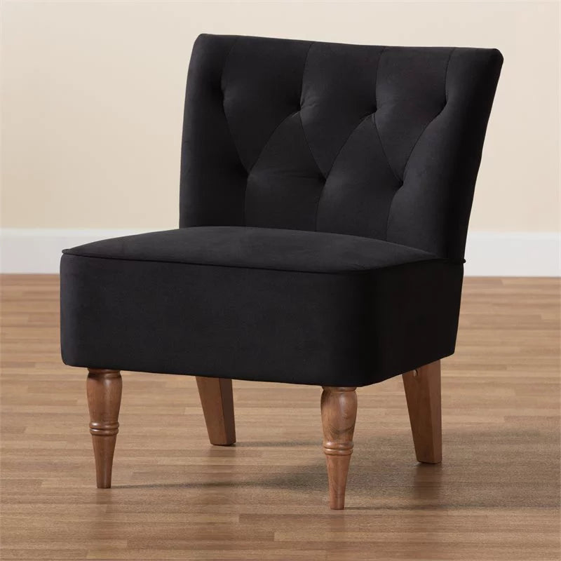 Black Velvet and Walnut Brown Wood Accent Chair G93646