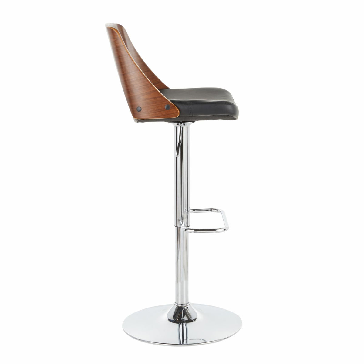 Adjustable Swivel Barstool in Chrome, Walnut and Black Faux Leather - Set Of 2 K972