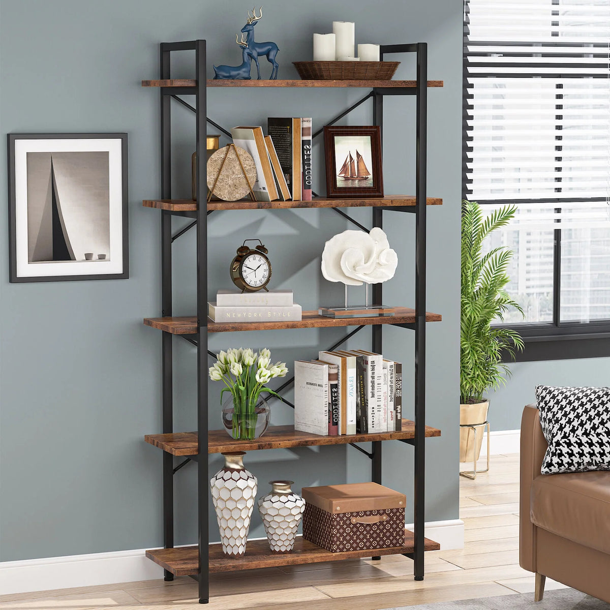 5 Tier Rustic Brown Bookcase V4807