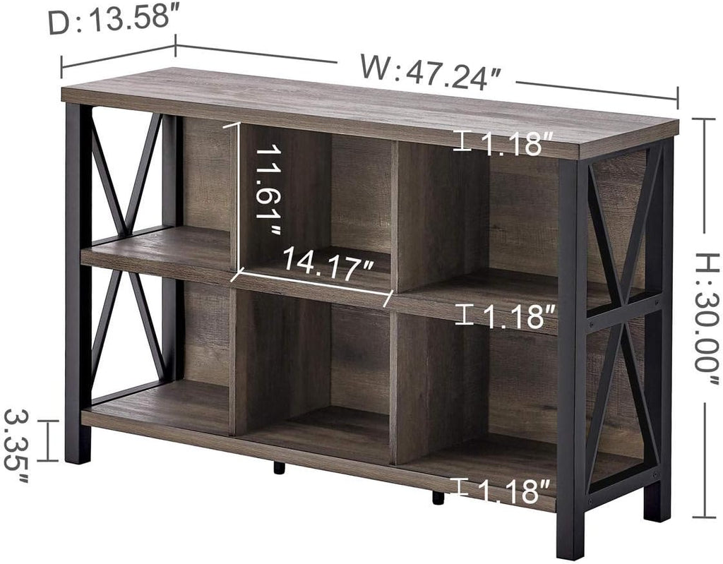 Rustic 6 Cube Storage Organizer with Shelf, Wood and Metal Cubby Bookcase, Industrial Horizontal Bookshelf A688