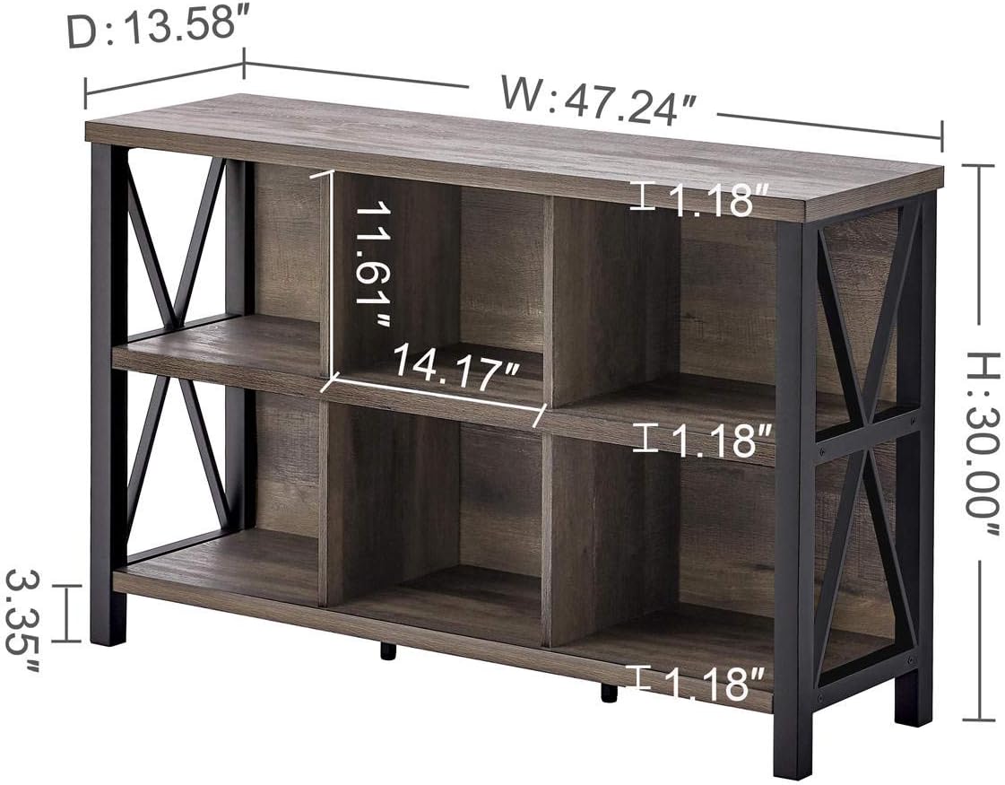 Rustic 6 Cube Storage Organizer with Shelf, Wood and Metal Cubby Bookcase, Industrial Horizontal Bookshelf A688