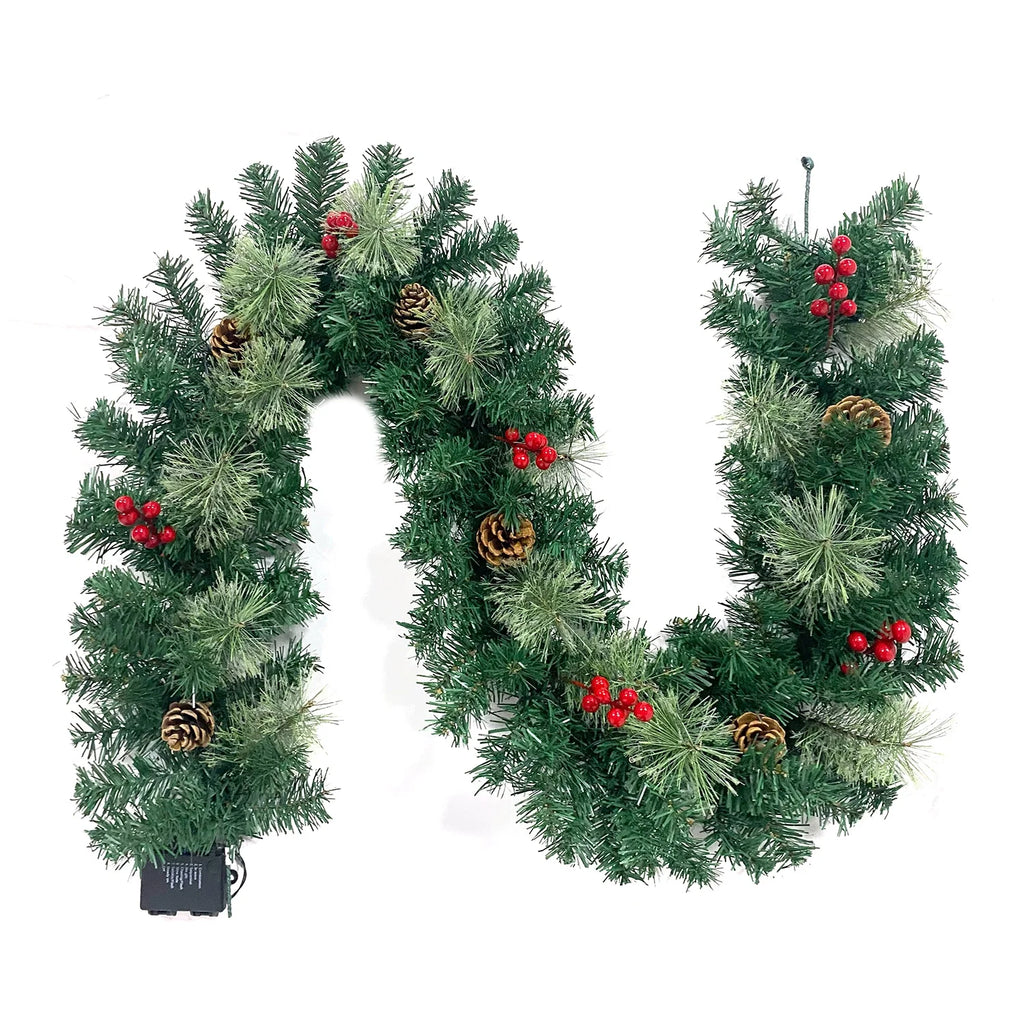 Christmas Garland Pre-Lit Artificial Green with Pine Cones Berry Clusters 40 Lights 6ft H802147
