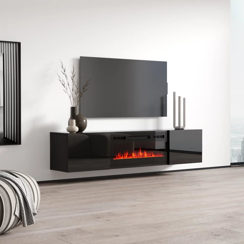 Floating Fireplace TV Stand for TVs up to 80", High Gloss 72" Entertainment Center S2135