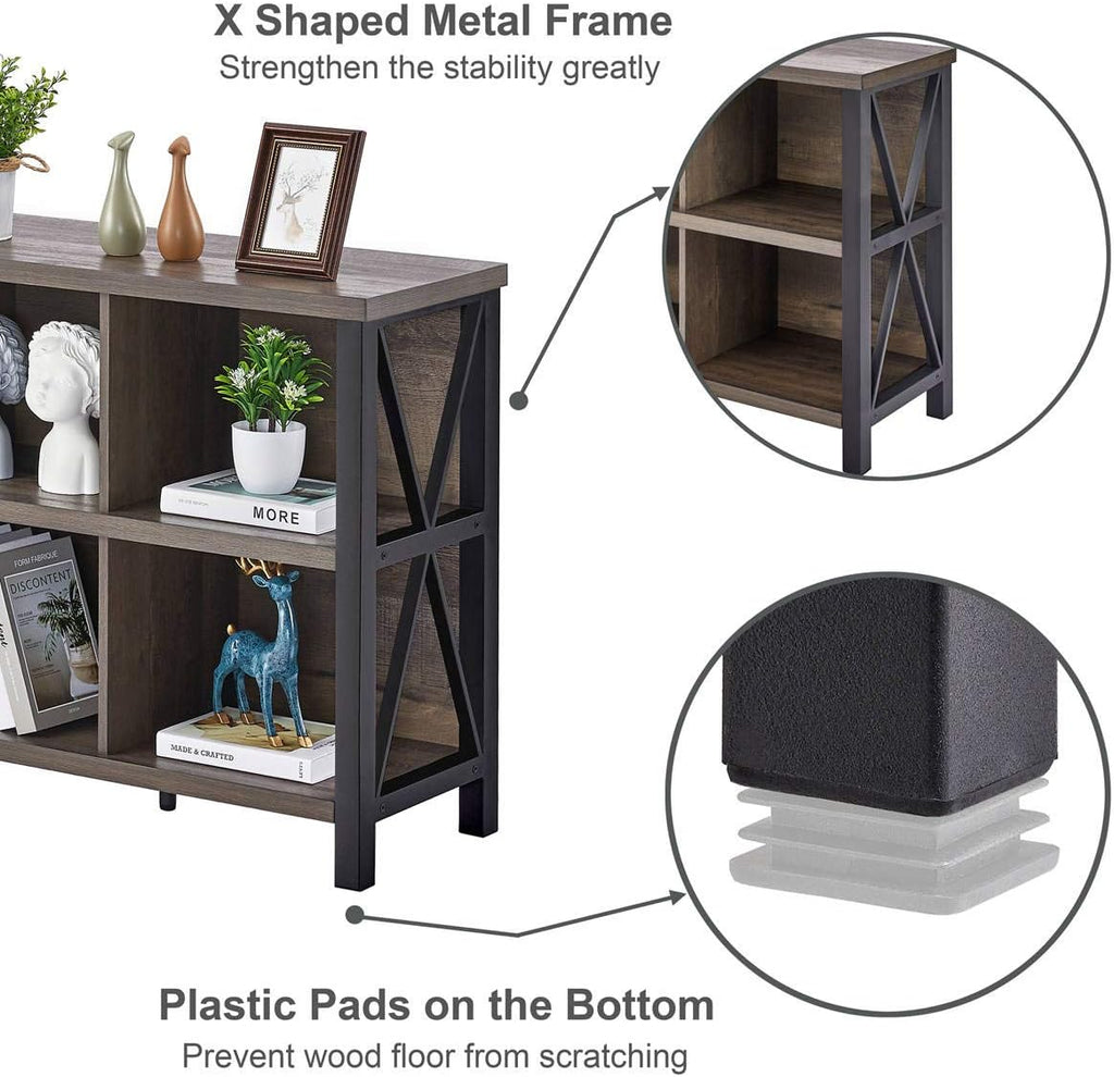 Rustic 6 Cube Storage Organizer with Shelf, Wood and Metal Cubby Bookcase, Industrial Horizontal Bookshelf A688