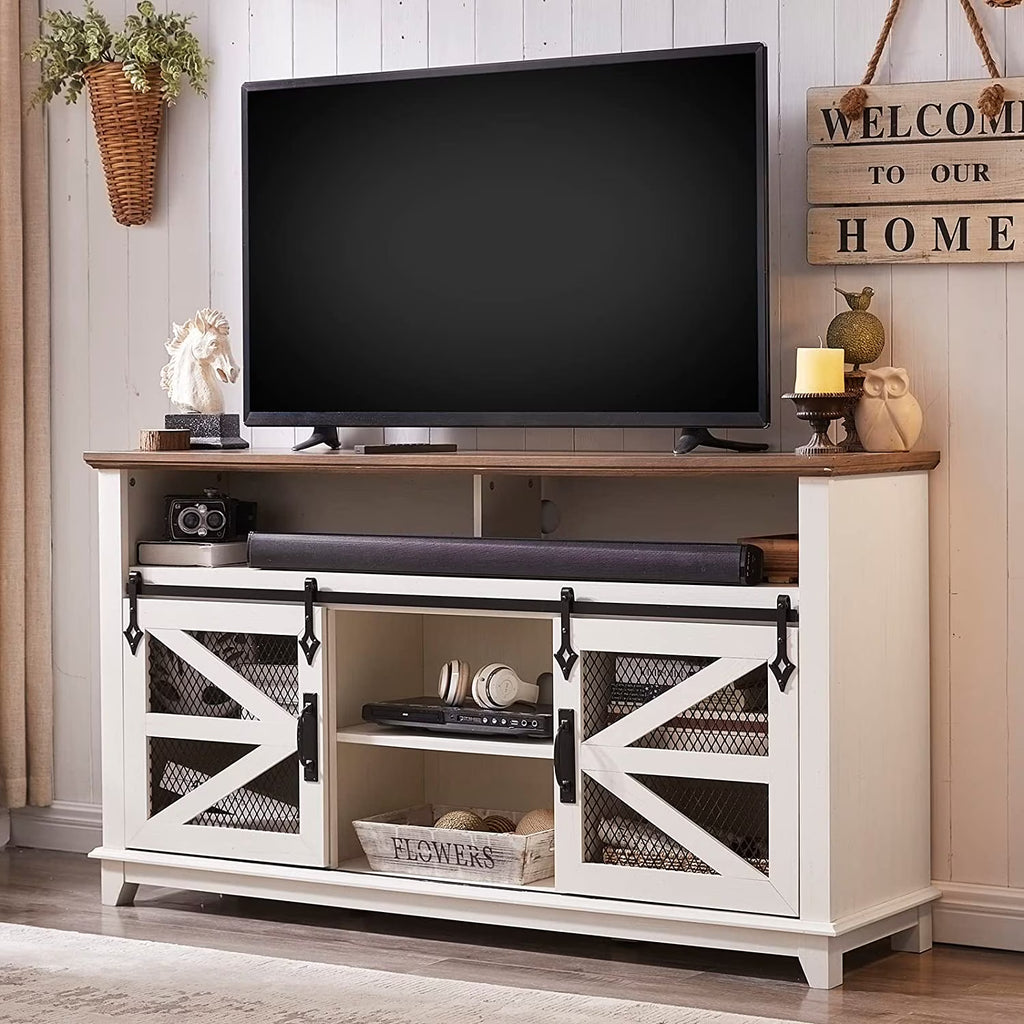 Antique White Wood TV Stand with Storage Shelves T3670