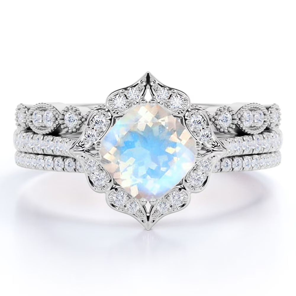 1.5 carat Cushion Blue Moonstone and Moissanite Wedding Ring Set in 18k White Gold over Silver Y181