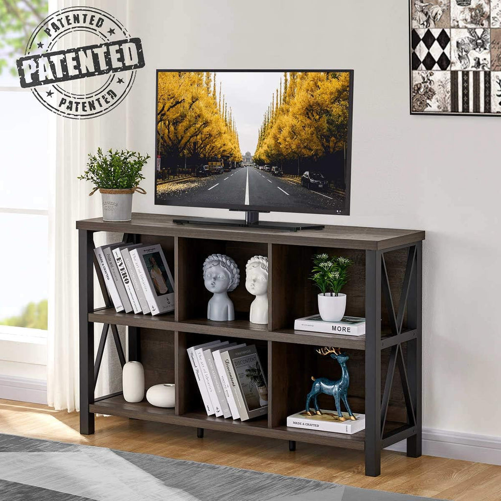 Rustic 6 Cube Storage Organizer with Shelf, Wood and Metal Cubby Bookcase, Industrial Horizontal Bookshelf A688