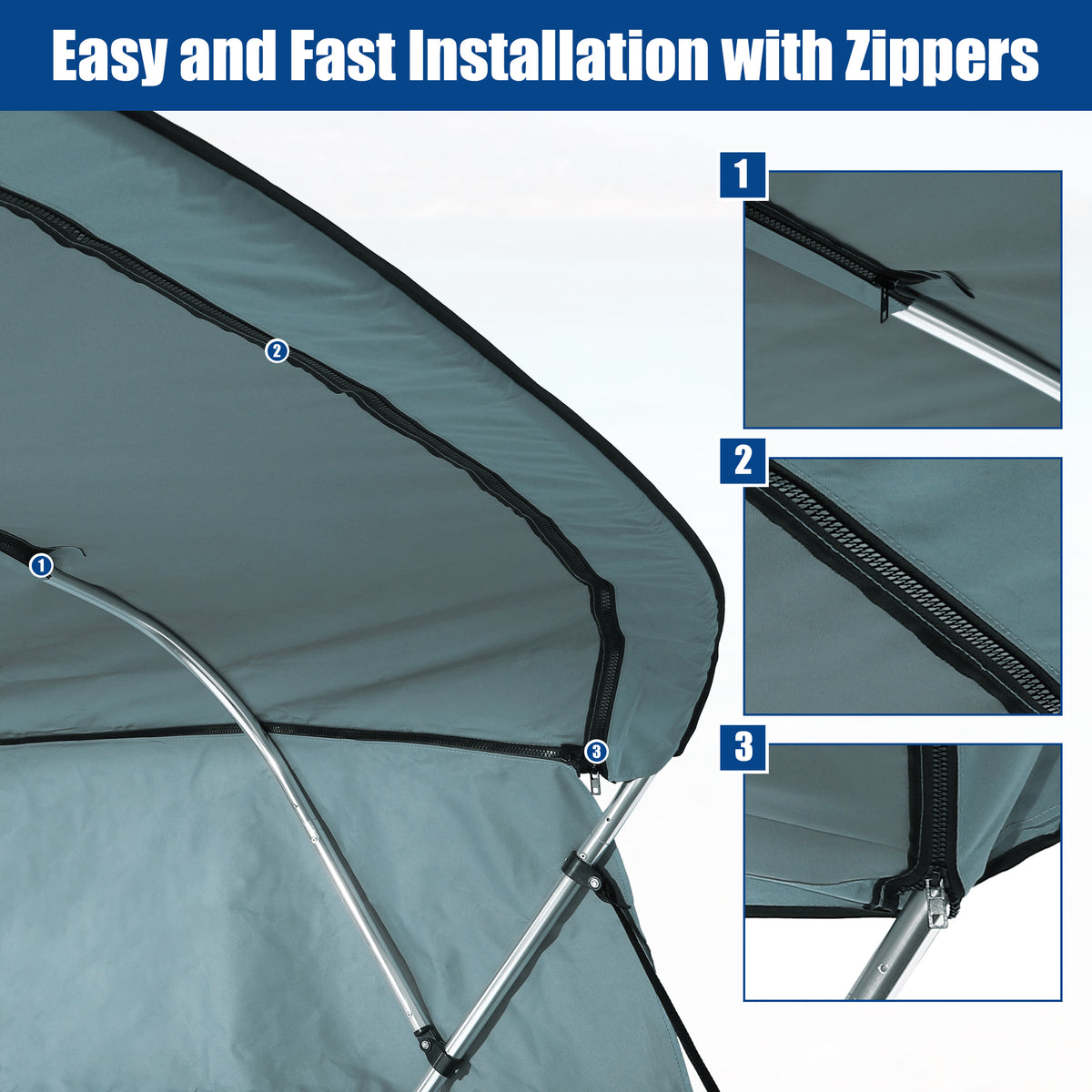 600D 3 Bow Bimini Top Canvas Cover with Detachable Side Blocks Storage Boot Gray U7447