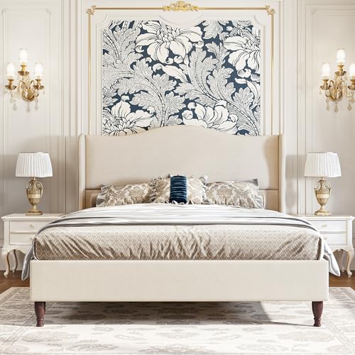 Beige King Size Upholstered Platform Bed with Tall Headboard U1762