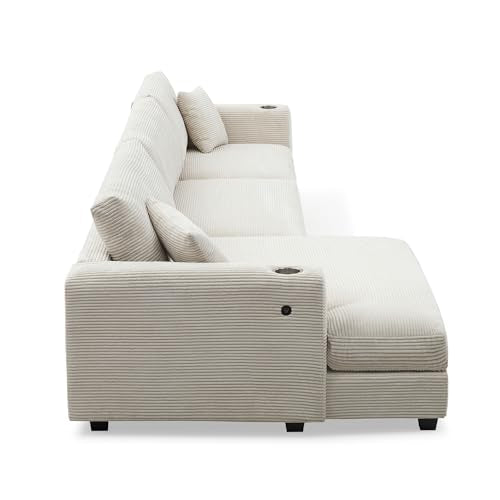 Oversized Corduroy Sectional Sofa with USB Charging Port, Cup Holder, L Shaped Cloud Couch with 50" W Chaise (Gray) V258