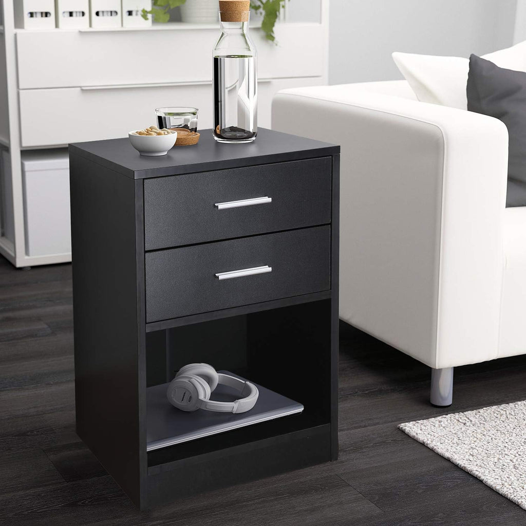 Black Double Drawer Nightstand with Shelf K24728