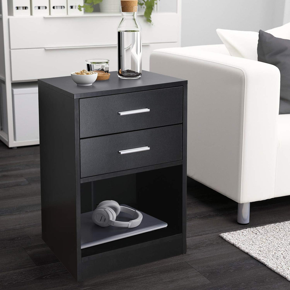 Black Double Drawer Nightstand with Shelf K24728