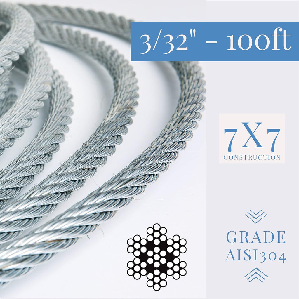 3/32 inch Stainless Steel Aircraft Cable Wire Rope 7x7 Strand 304 Grade 100 ft J35579