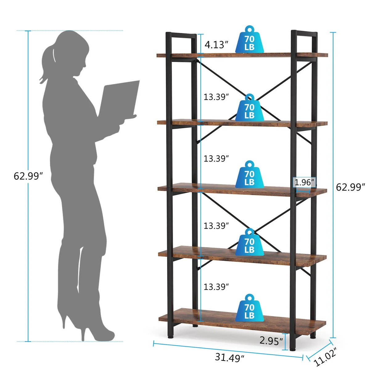 5 Tier Rustic Brown Bookcase V4807