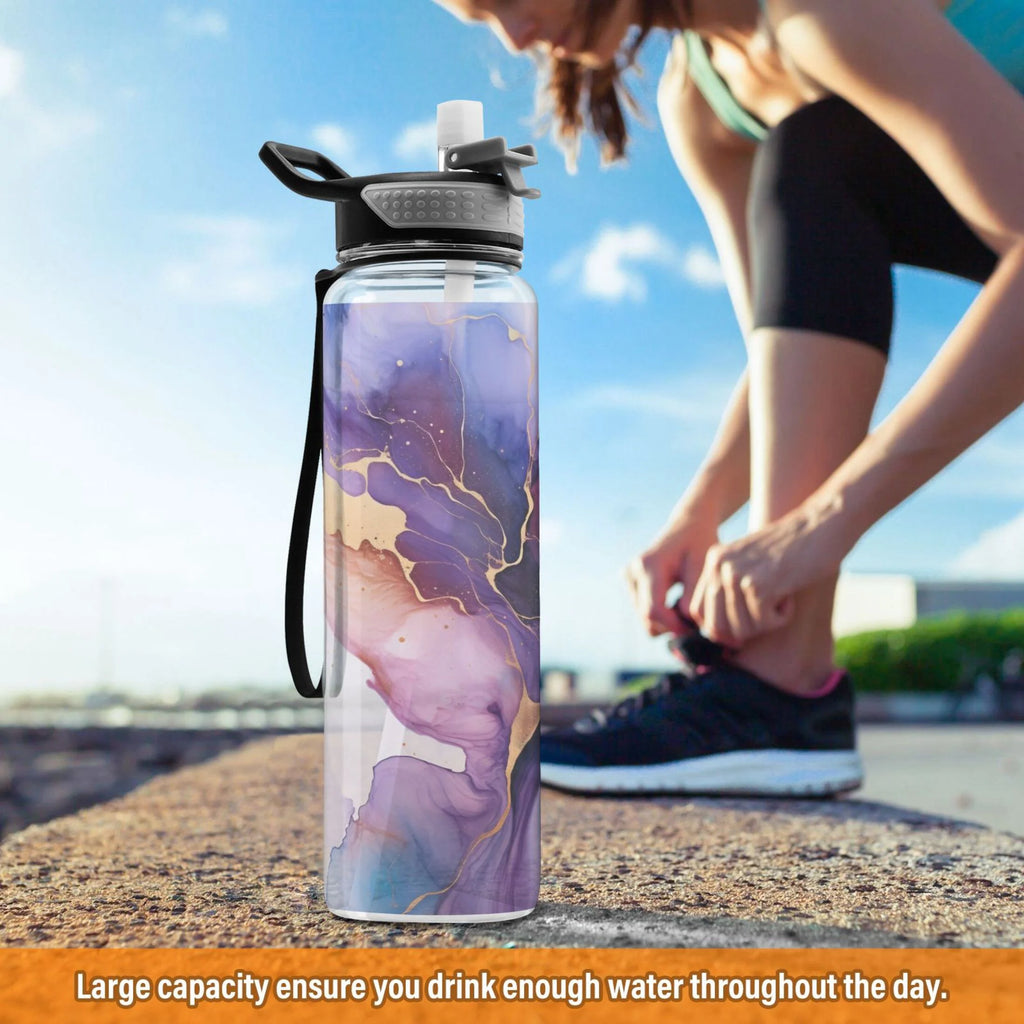 Purple and Blue Marble 32oz Tritan Leakproof Water Bottle with Straw Y566358