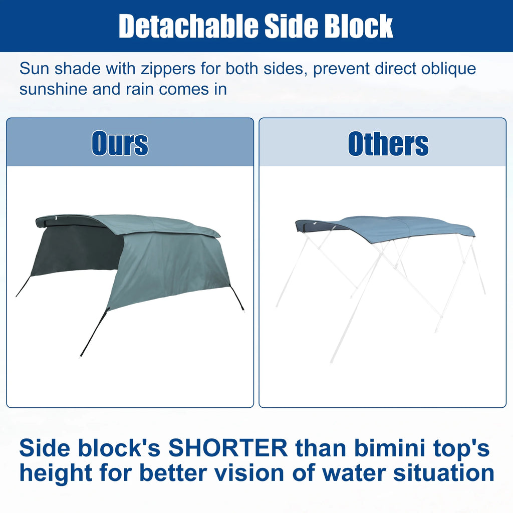 600D 3 Bow Bimini Top Canvas Cover with Detachable Side Blocks Storage Boot Gray U7447