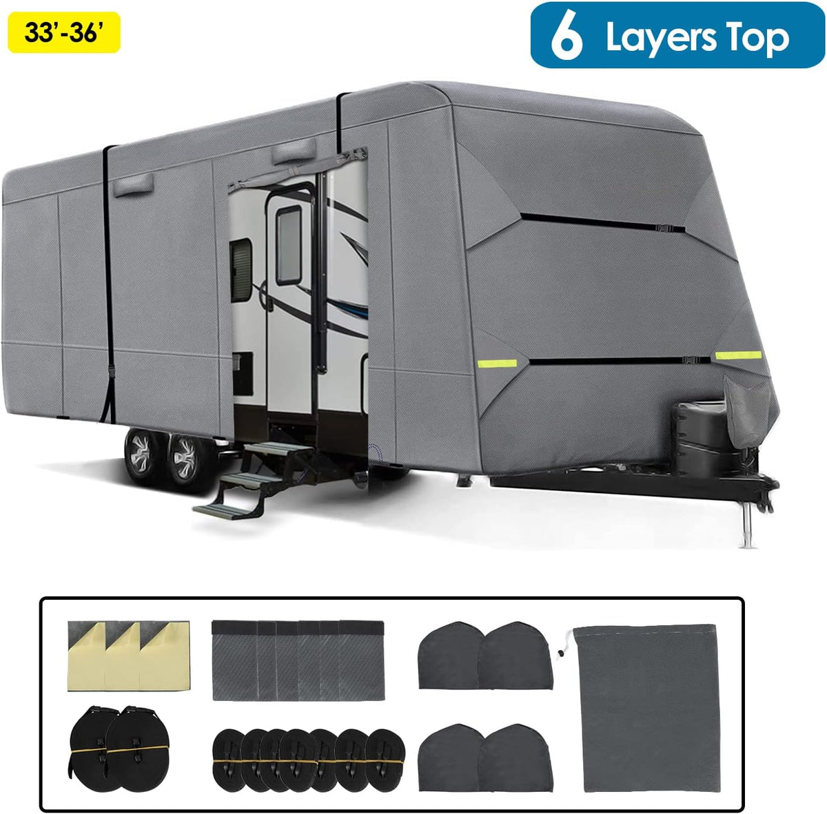 6 Layers RV Cover with Tie Cover & Gutter Cover & Tongue Jack Cover D5029