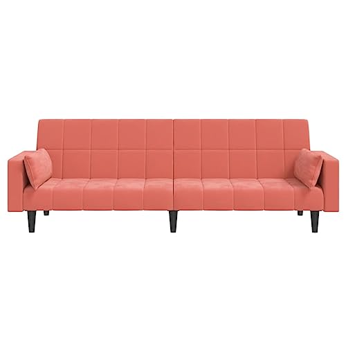 Pink Velvet 2-Seater Sofa Bed with Two Pillows E930