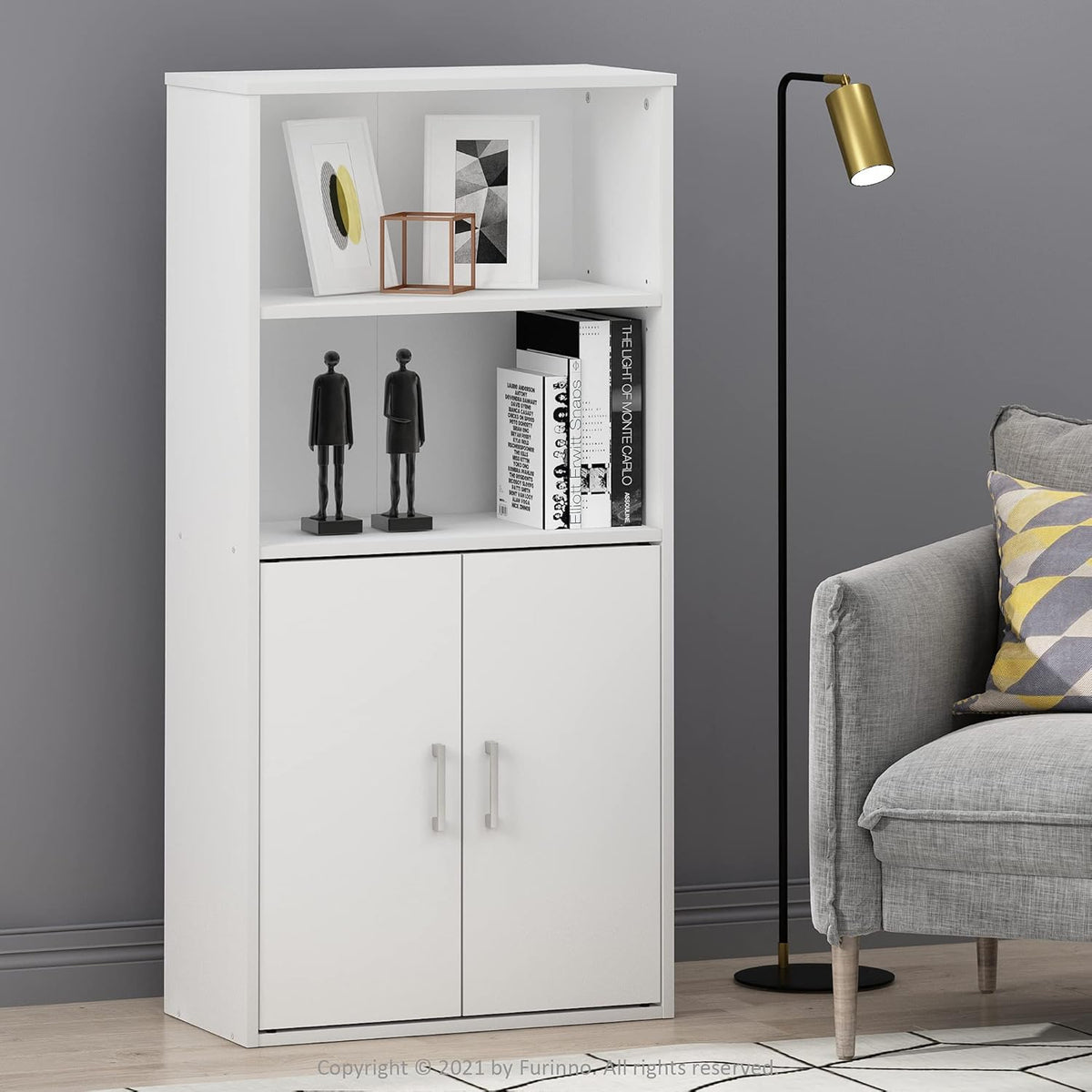 White Storage Cabinet with 2 Open Shelves and 2 Doors G3582