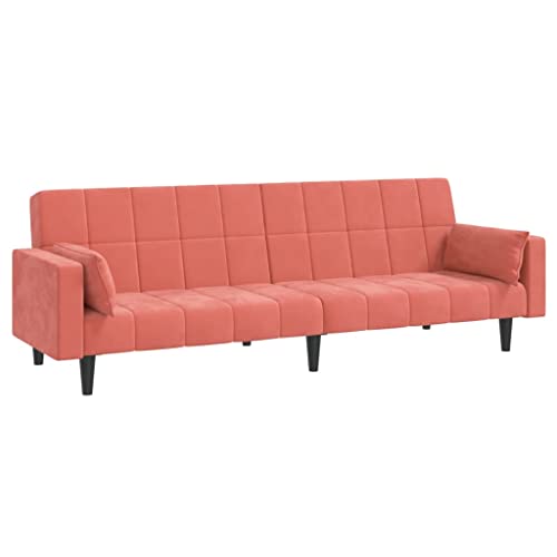 Pink Velvet 2-Seater Sofa Bed with Two Pillows E930