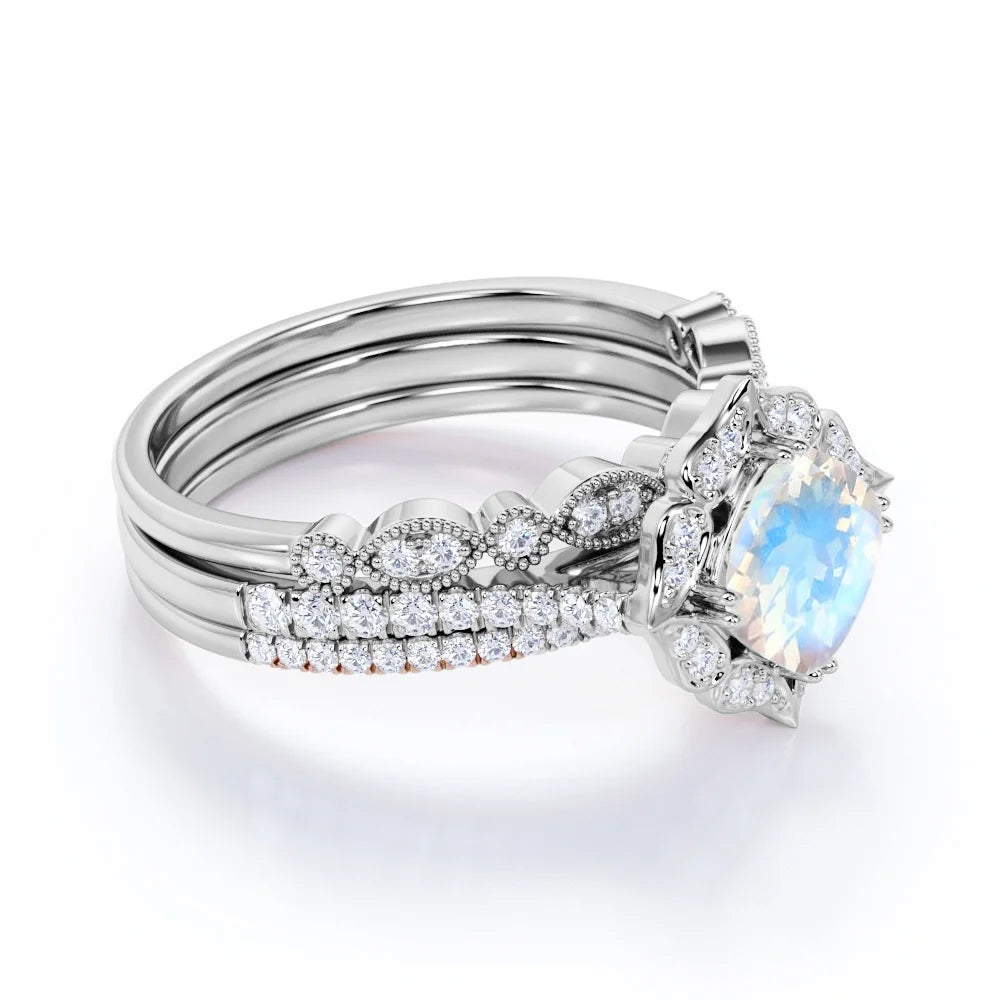 1.5 carat Cushion Blue Moonstone and Moissanite Wedding Ring Set in 18k White Gold over Silver Y181