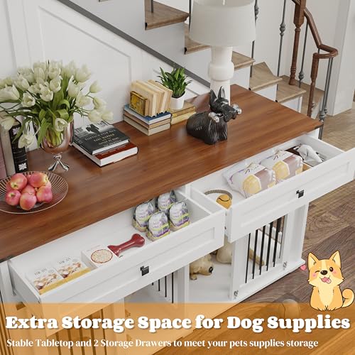 Brown White Dog Crate Furniture for 2 Dogs with Sliding Barn Door F8183