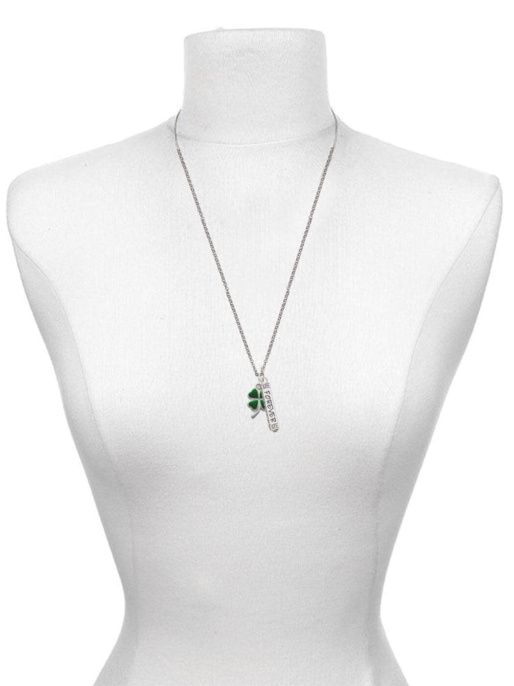 Silvertone Green Four Leaf Clover Bar Charm Necklace, 23" H73092
