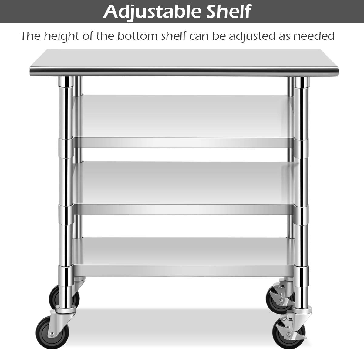 36 × 24 Inches Stainless Steel Work Prep Table with 4 Caster Wheels and Adjustable Lower Galvanized Shelf C8132