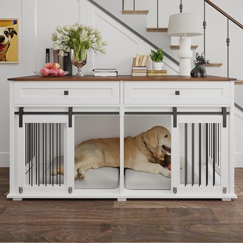 Brown White Dog Crate Furniture for 2 Dogs with Sliding Barn Door F8183