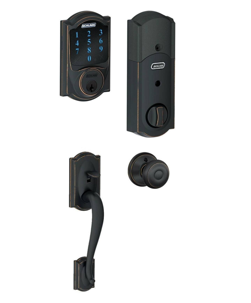 Touchscreen Deadbolt with Alarm and Georgian Knob Aged Bronze X435269