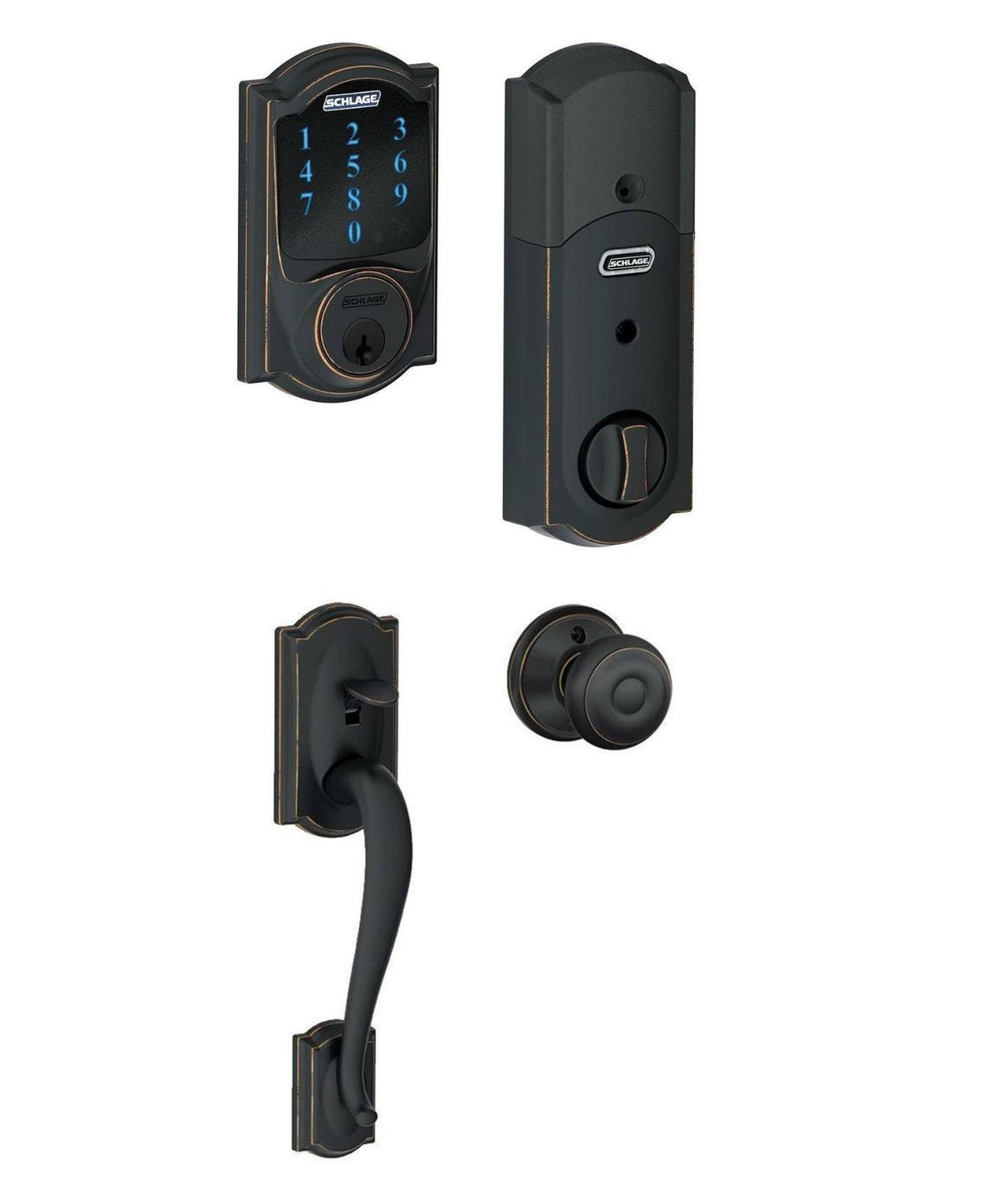 Touchscreen Deadbolt with Alarm and Georgian Knob Aged Bronze X435269