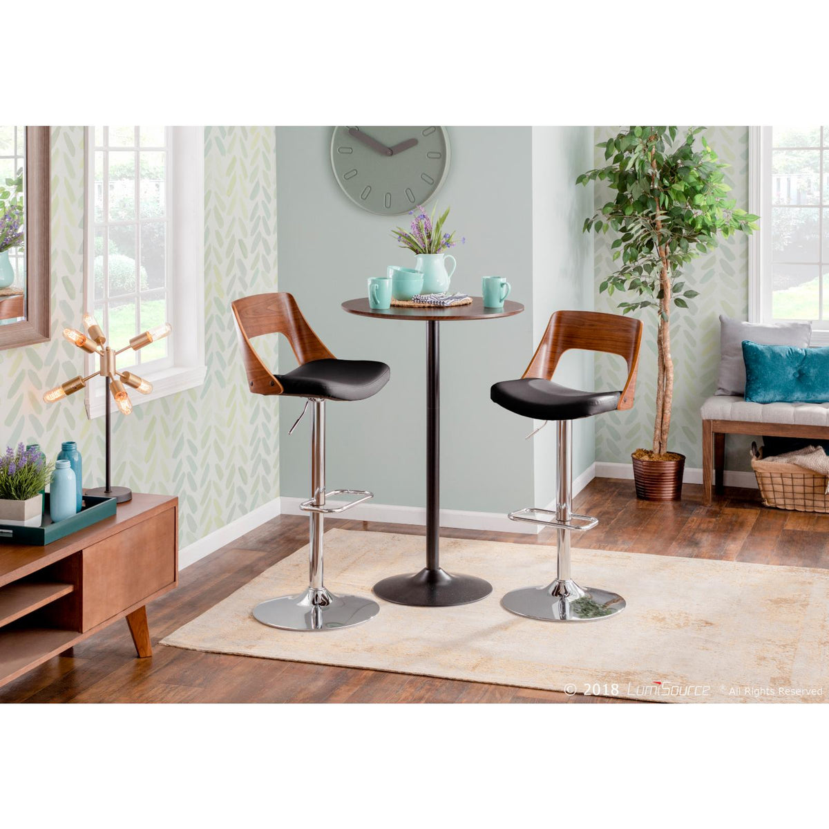 Adjustable Swivel Barstool in Chrome, Walnut and Black Faux Leather - Set Of 2 K972